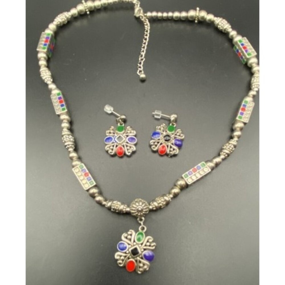 Boho Silver Tone Multi Color Cabochon Necklace Dangle Earring Set Tribal Style - Picture 1 of 10